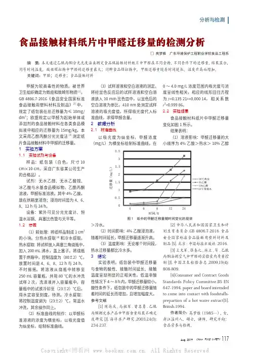 食品接触材料纸片中甲醛迁移量的检测分析