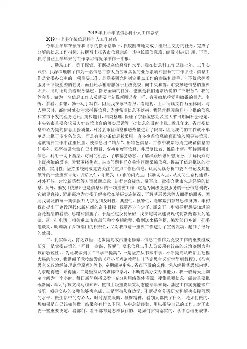 2019年上半年某信息科个人工作总结