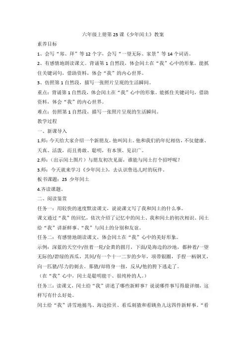 部编版语文六年级上册 25《少年闰土》教案 