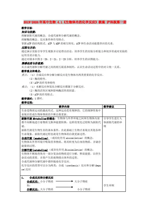 2019-2020年高中生物 4.1《生物体内的化学反应》教案 沪科版第一册