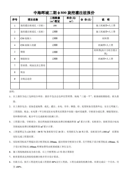 旋挖桩基础报价清单