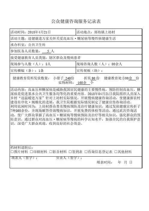 公众健康咨询服务工作人员签到表