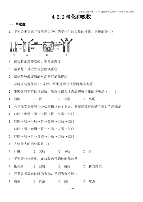 七年级生物下册 4.2.2 消化和吸收训练 (新版)新人教版