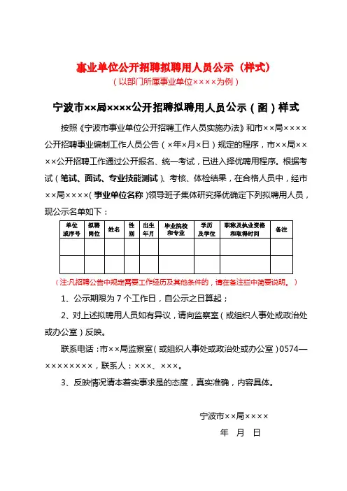 事业单位公开招聘拟聘用人员公示(样式)