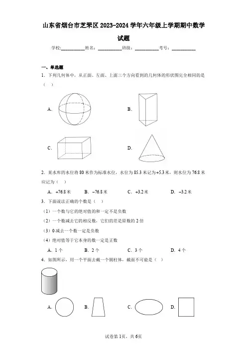 山东省烟台市芝罘区2023-2024学年六年级上学期期中数学试题