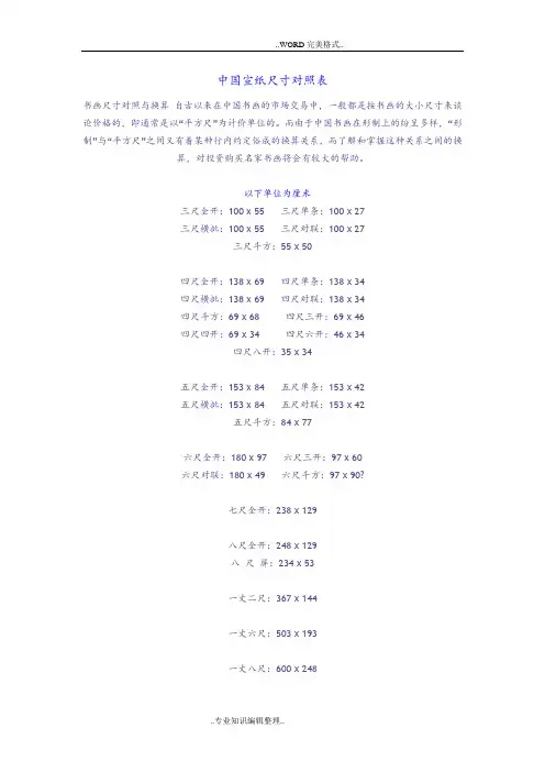 宣纸尺寸对照表和书法创作常用知识