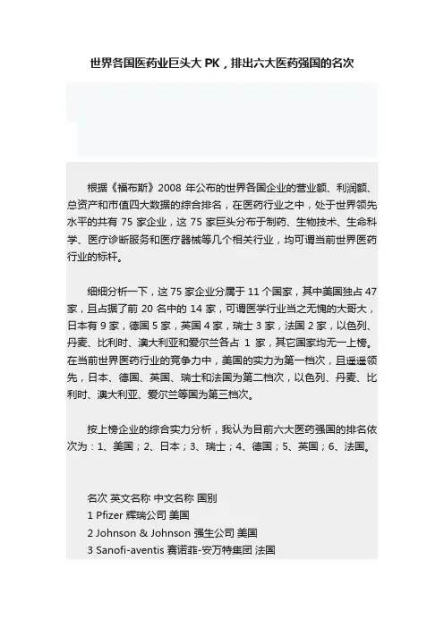 世界各国医药业巨头大PK，排出六大医药强国的名次