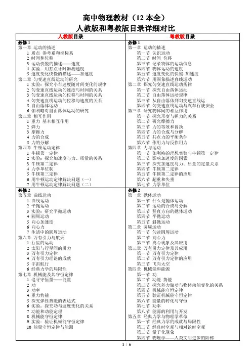 高中物理教材(12本全)人教版和粤教版目录详细对比