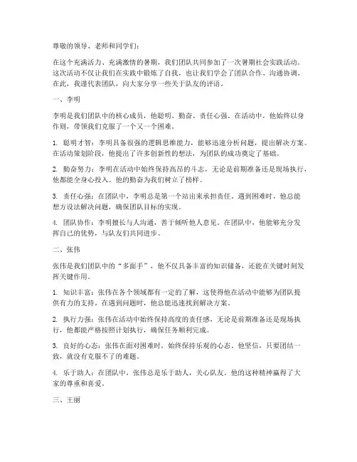 暑期社会实践队友评语