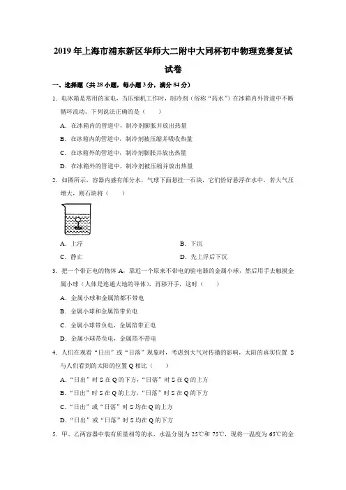 2019年上海市浦东新区华师大二附中大同杯初中物理竞赛复试试卷解析版