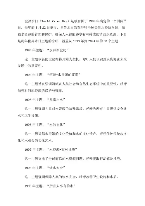 2024年世界水日主题历年水日主题