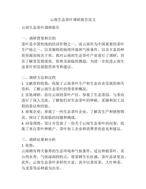 云南生态茶叶调研报告范文