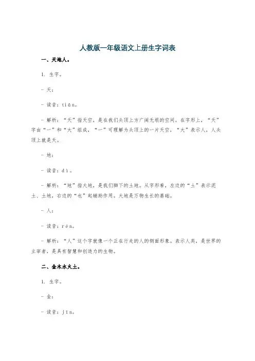人教版一年级语文上册生字词表