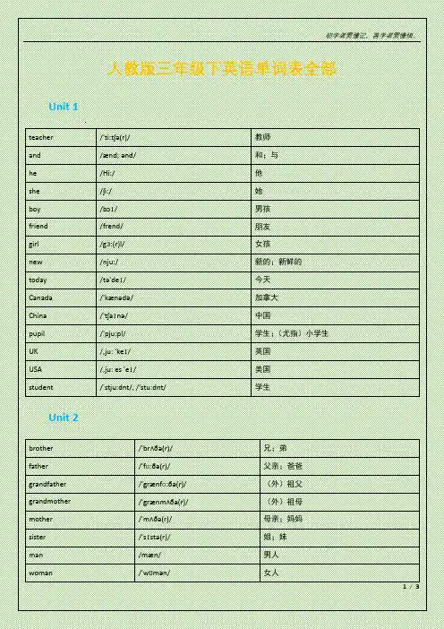 人教版三年级下英语单词表全部
