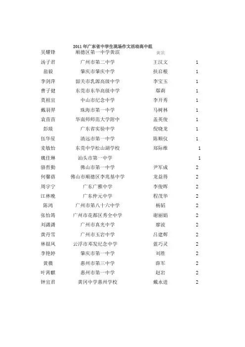 广东省中学生现场作文活动高中组获奖结果