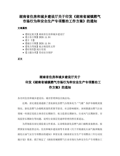 湖南省住房和城乡建设厅关于印发《湖南省城镇燃气市场行为和安全生产专项整治工作方案》的通知