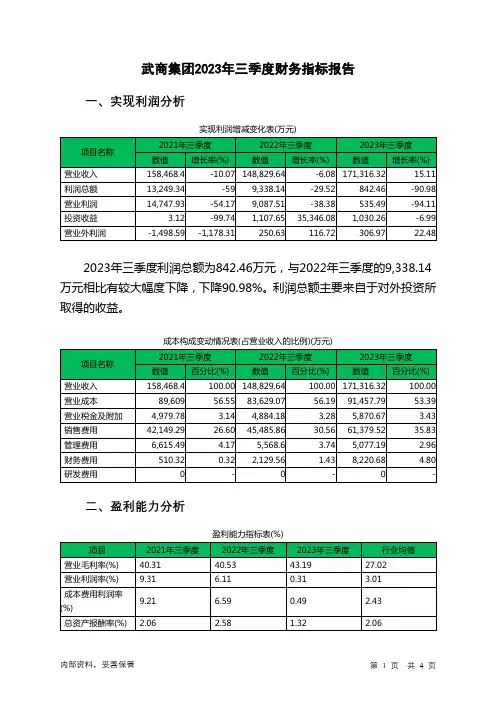 000501武商集团2023年三季度财务指标报告
