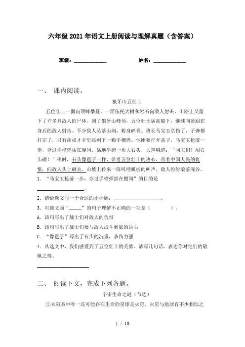六年级2021年语文上册阅读与理解真题(含答案)