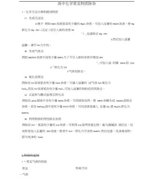 高中化学常见物质鉴别除杂题目