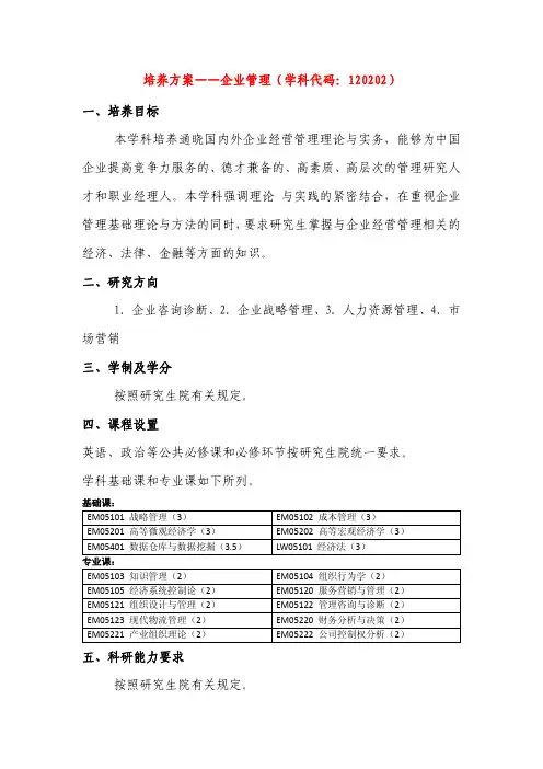 培养方案——企业管理(学科代码120202)