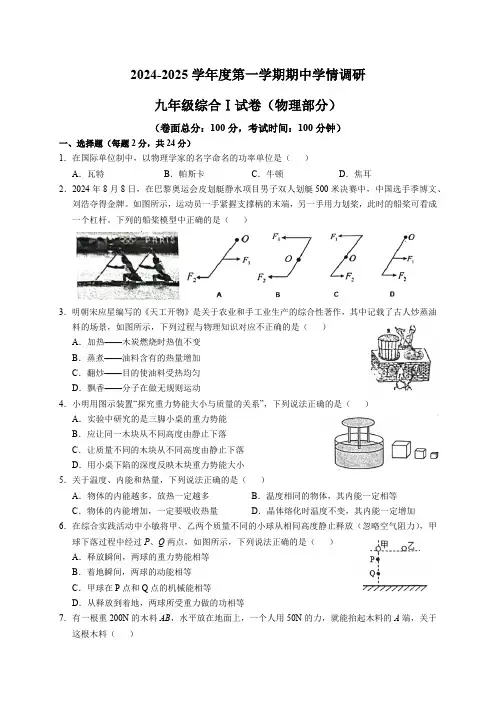 江苏省盐城市大丰区2024-2025学年九年级上学期11月期中物理试题(含答案)