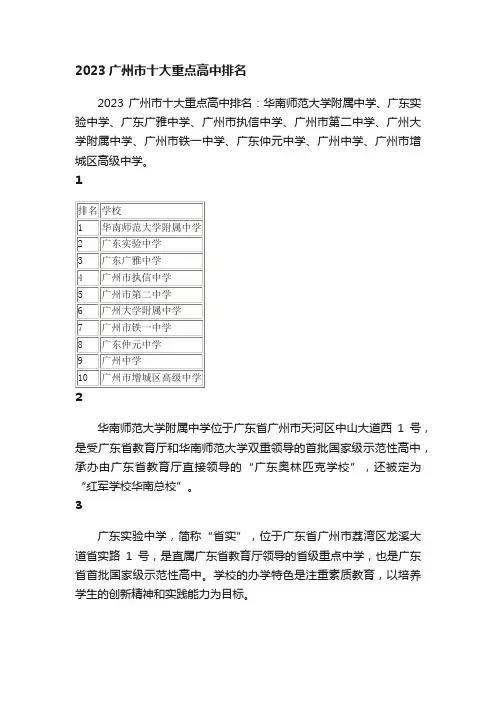 2023广州市十大重点高中排名