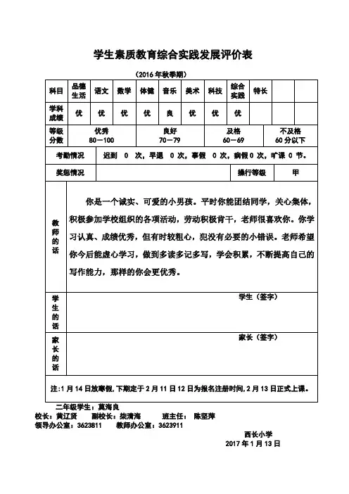 学生素质教育综合发展评价表