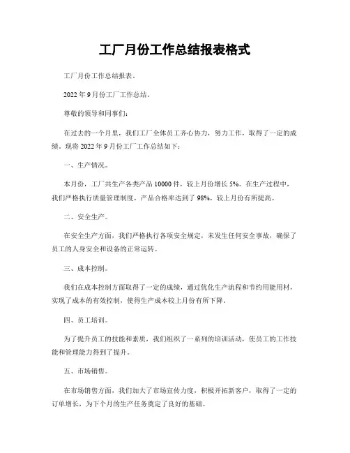 工厂月份工作总结报表格式