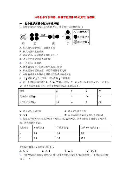 中考化学专项训练：质量守恒定律(单元复习)含答案
