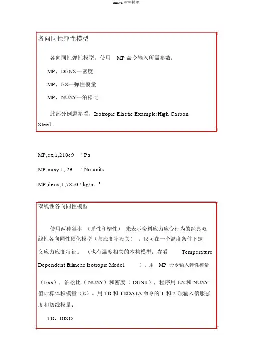 ansys材料模型
