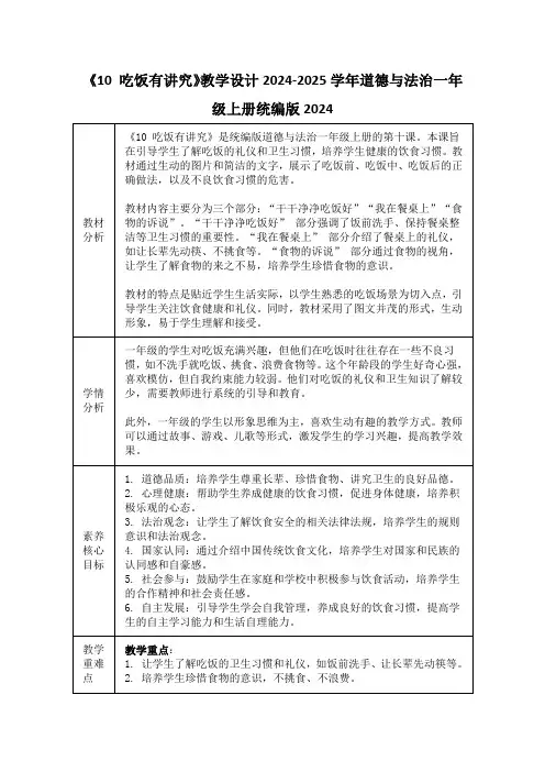 《10 吃饭有讲究》教学设计2024-2025学年道德与法治一年级上册统编版2024