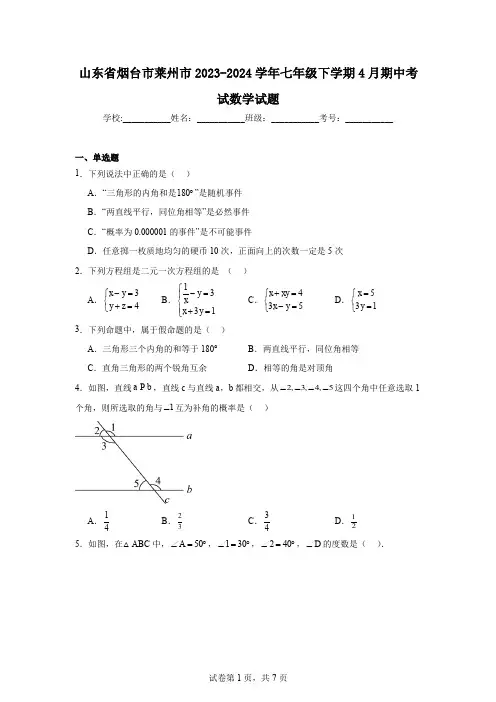 山东省烟台市莱州市2023-2024学年七年级下学期4月期中考试数学试题