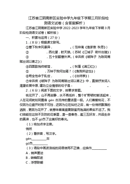 江苏省江阴高新区实验中学九年级下学期三月阶段检测语文试卷(含答案解析)