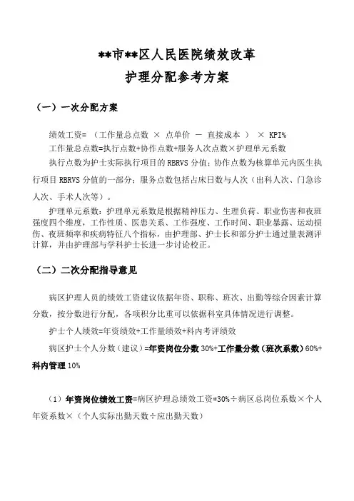 护理绩效分配参考方案