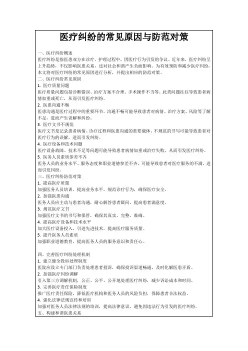 医疗纠纷的常见原因与防范对策