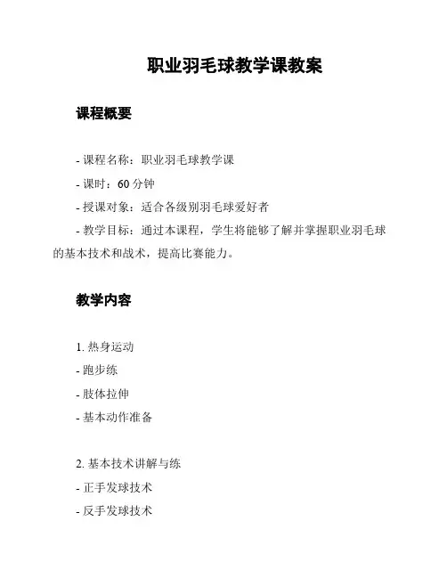 职业羽毛球教学课教案