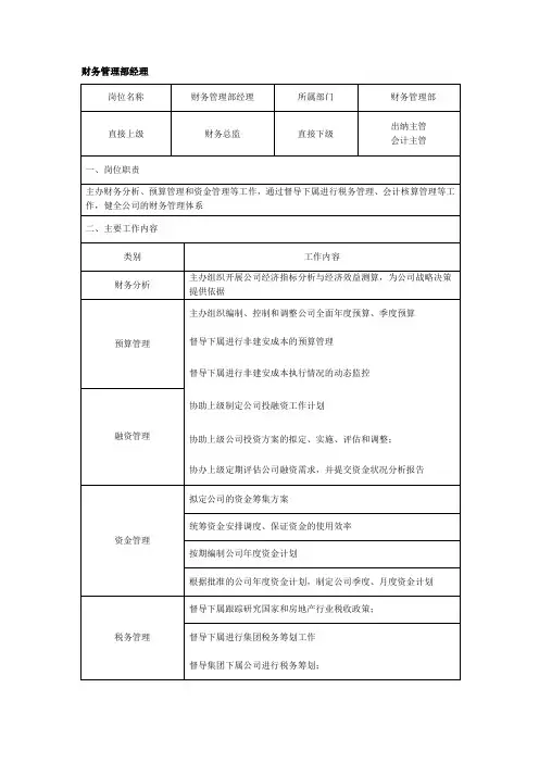 财务管理部经理岗位说明书