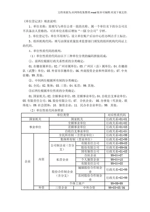 单位登记表填表说明