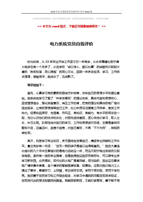2019年电力系统党员自我评价-范文word版 (2页)