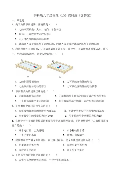 沪科版八年级物理《力》课时练(含答案)
