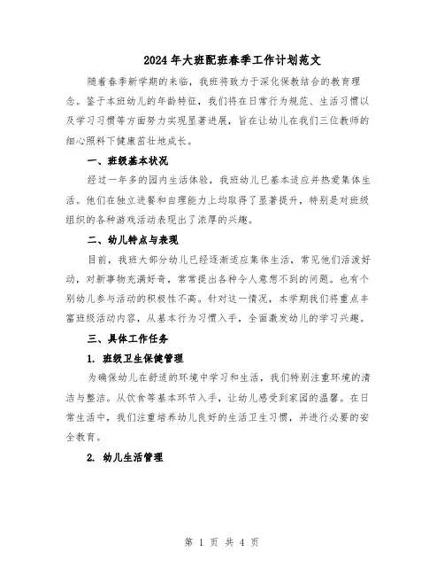 2024年大班配班春季工作计划范文（二篇）