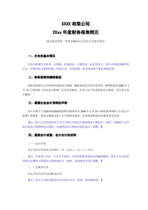 国资委企业财务报表附注(模板)