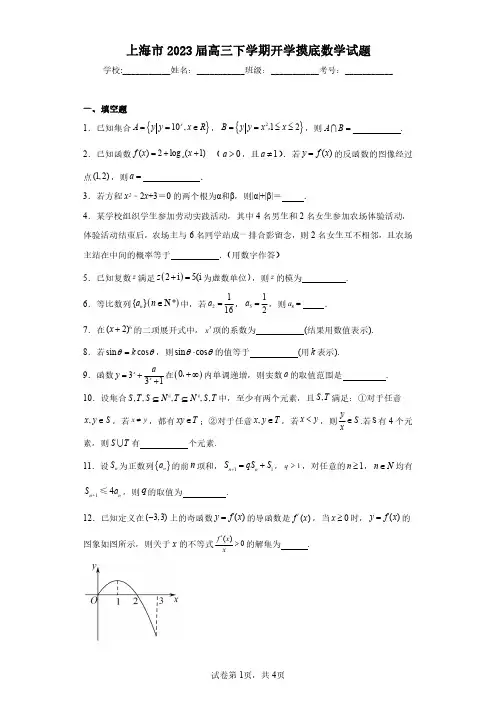 上海市2023届高三下学期开学摸底数学试题(含答案解析)