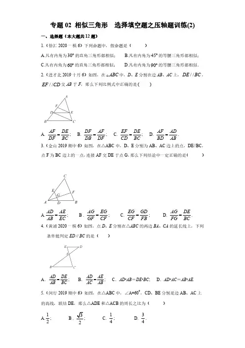 上海市2020中考一模数学专题02 相似三角形  选择填空题之压轴题训练