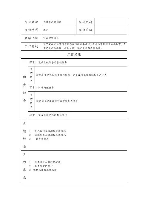 三级电话营销员--营销业务类岗位职责说明书