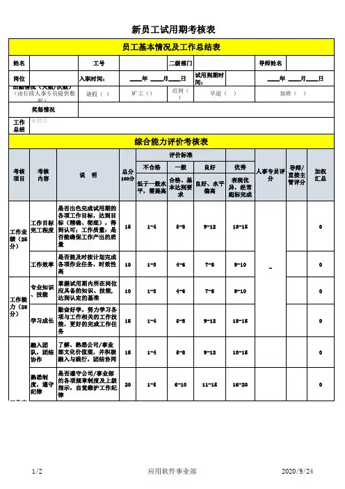 新员工试用期考核表