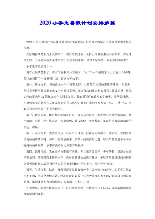 2020小学生暑假计划安排多篇.docx