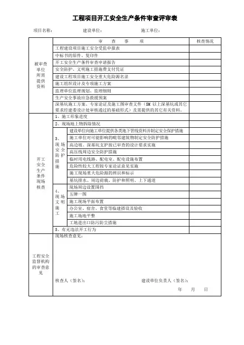 工程项目开工安全生产条件审查评审表