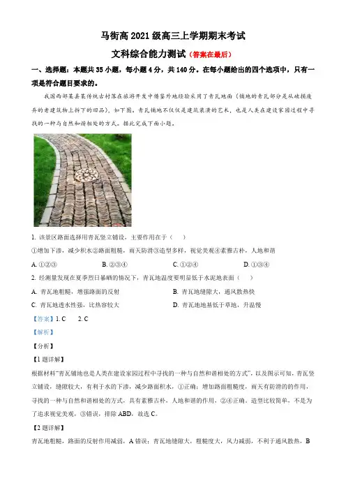 四川省合江县马街2023-2024学年高三上学期期末考试文综试题-高中地理含答案