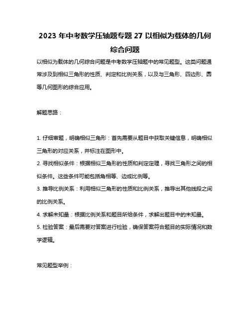 2023年中考数学压轴题专题27 以相似为载体的几何综合问题